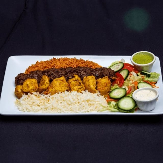 Kobeeda Beef & Chicken Kabob Combo Platter.